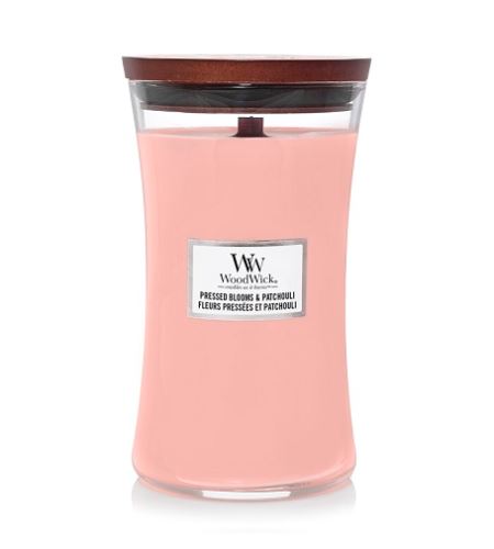 WoodWick Pressed Blooms & Patchouli ароматна свещ с дървен фитил 609,5 гр